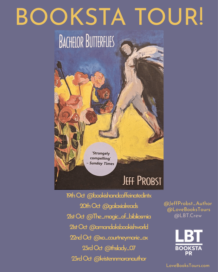 Promotional image for a book tour featuring the book 'Bachelor Butterflies' by Jeff Probst, with event dates and participating Instagram accounts listed.