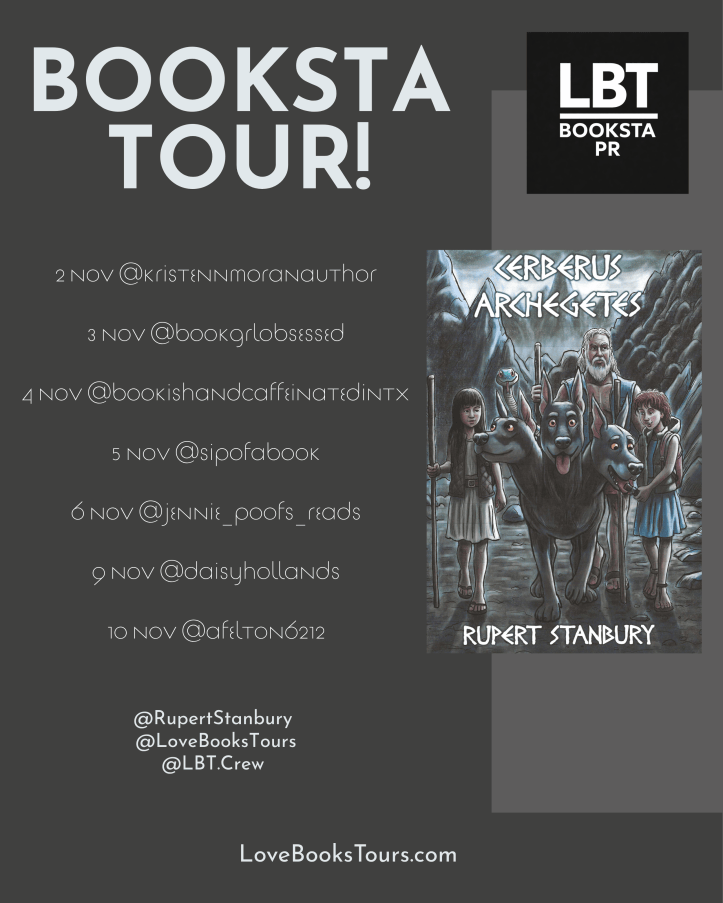 Promotional image for a Booksta tour featuring the book 'Cerberus Archegetes' by Rupert Stanbury. It includes a list of participating Instagram users and tour dates from November 2 to November 10.