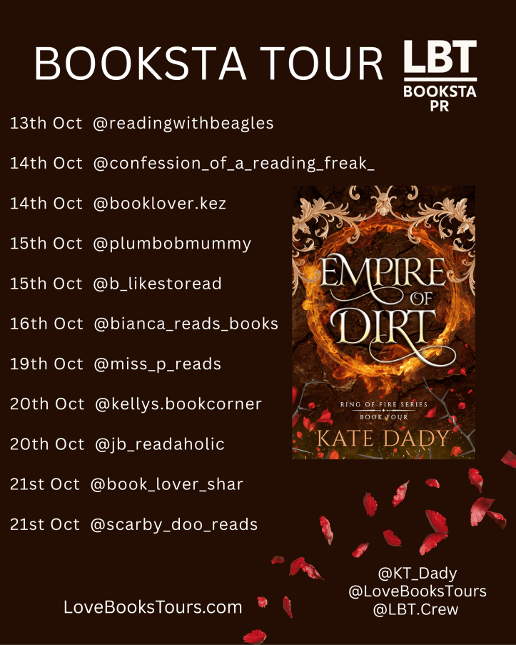 Image of a book tour schedule for 'Empire of Dirt' by Kate Dady, featuring social media handles and dates for various book reviewers.