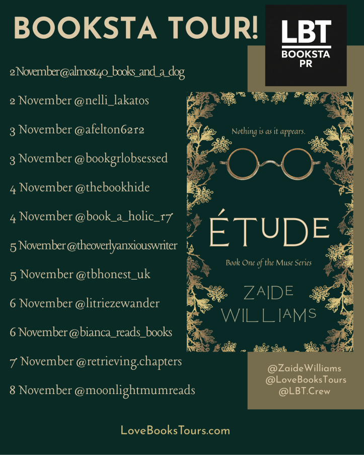 A promotional image for a book tour featuring the book 'Étude' by Zaide Williams, listing participating accounts and dates from November 2 to November 8.