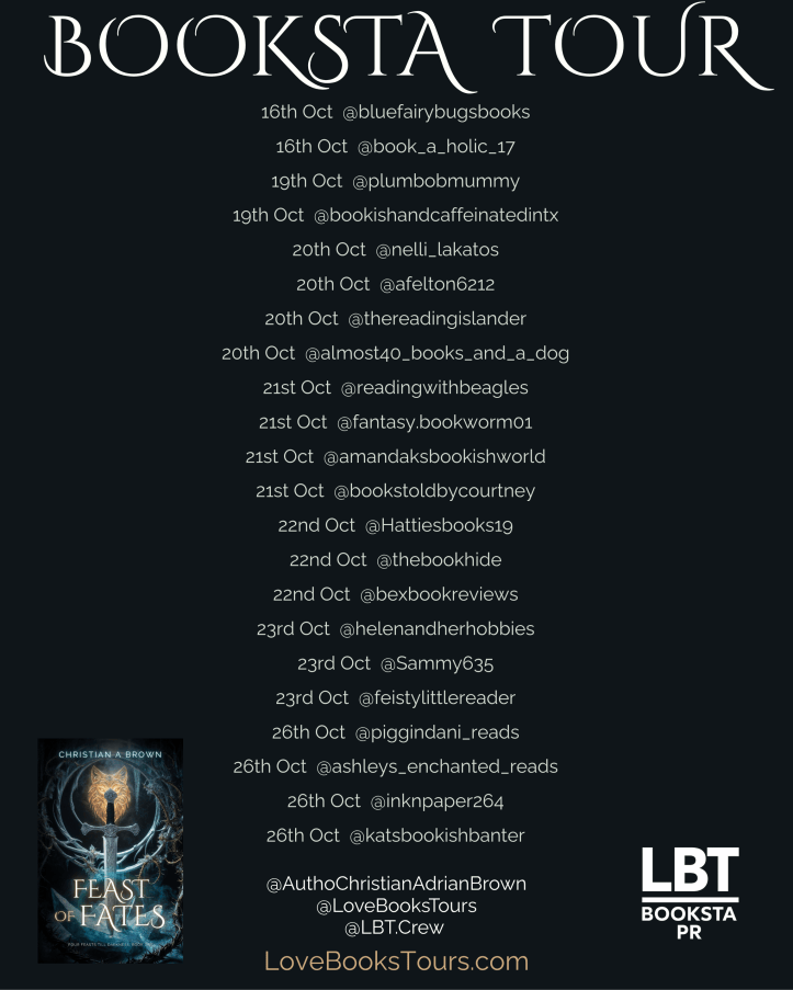 A promotional image for a book tour featuring the title 'Feast of Fates' by Christian A. Brown, listing dates and Instagram handles of participating accounts from October 16 to 26.