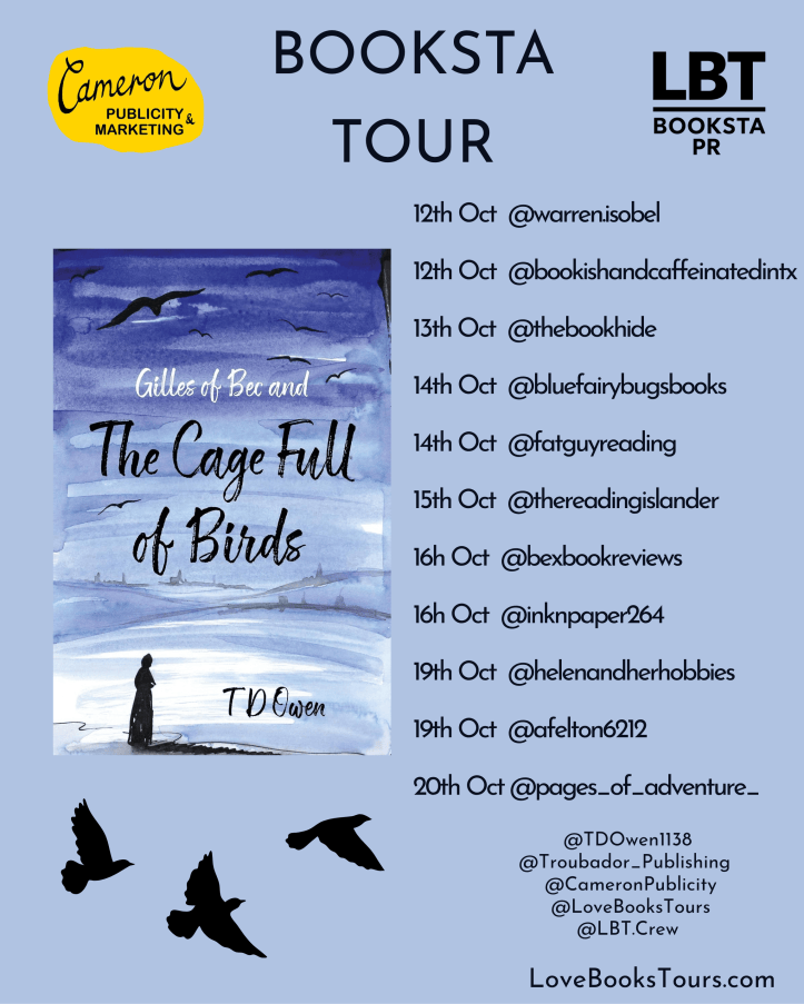 A promotional image for a book tour featuring 'The Cage Full of Birds' by TD Owen, detailing dates and participating social media accounts.