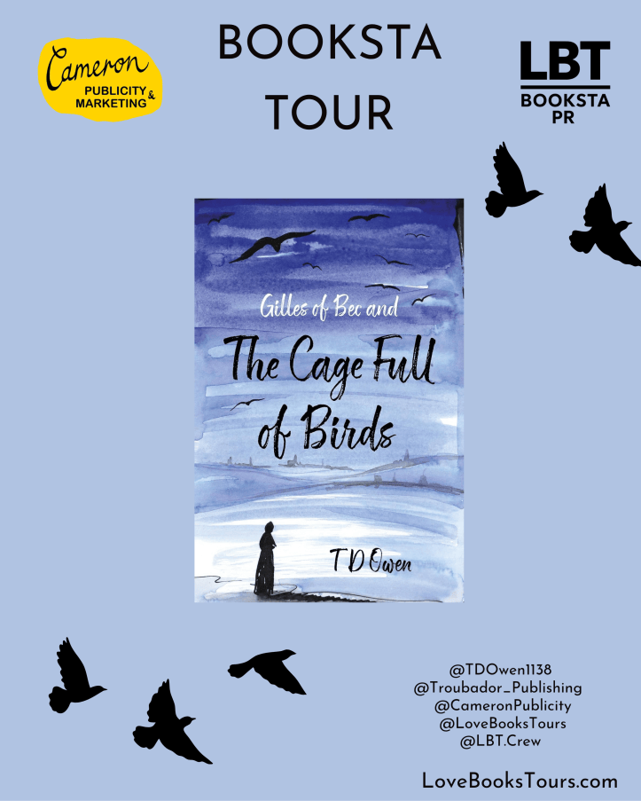 Promotional image for the book 'Gilles of Bec and The Cage Full of Birds' by TD Owen, featuring a watercolor background with birds flying and the book cover displayed prominently.