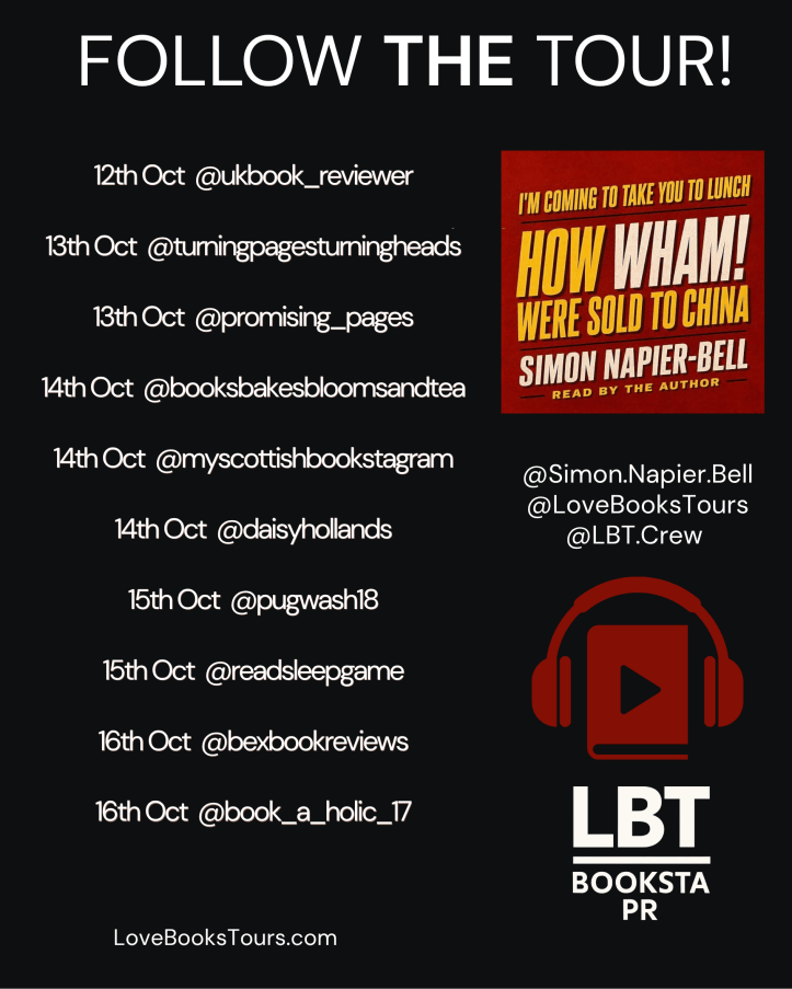 Graphic announcing a book tour featuring Simon Napier-Bell, highlighting various social media accounts and dates for reviews.