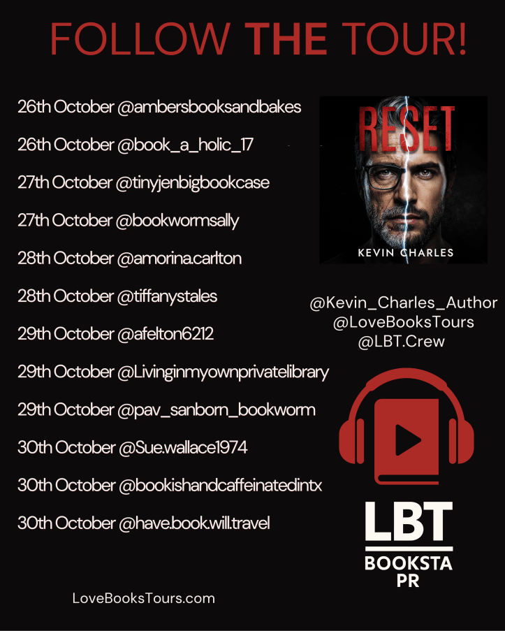 Promotional image for the book tour of 'RESET' by Kevin Charles, featuring a schedule of events and participating Instagram handles from October 26th to 30th.