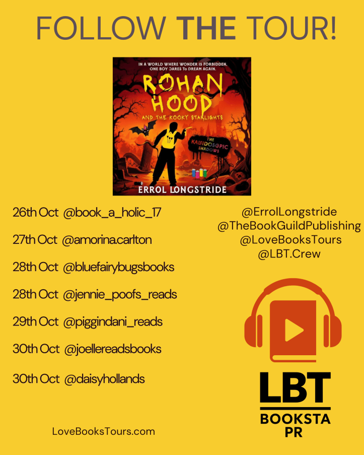 Promotional graphic for the book 'Rohan Hoop and the Kooky Starlights' by Errol Longstride, featuring a yellow background, book cover, and information about a social media tour with dates and usernames.