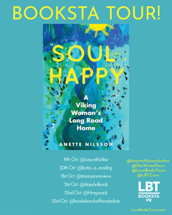 Promotional poster for the book 'Soul Happy' by Anette Nilsson, featuring bright abstract artwork and details of the Booksta Tour events with dates and participating accounts.