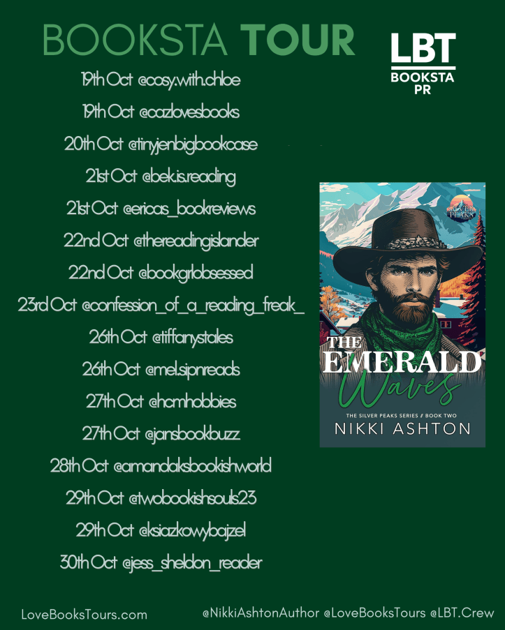 A promotional graphic for a book tour featuring the book 'The Emerald Waves' by Nikki Ashton, with a list of Instagram handles and dates for various book reviewers from October 19th to 30th.