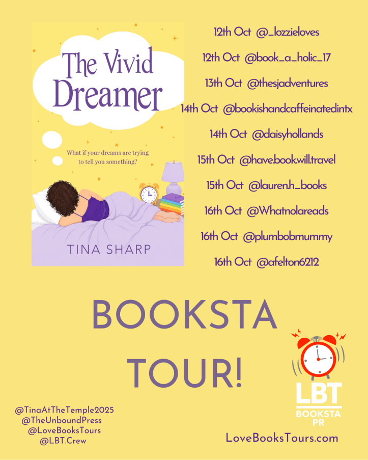 Book cover of 'The Vivid Dreamer' by Tina Sharp, featuring whimsical elements and a pastel background, alongside a promotional schedule for the Booksta Tour with various social media handles and dates.