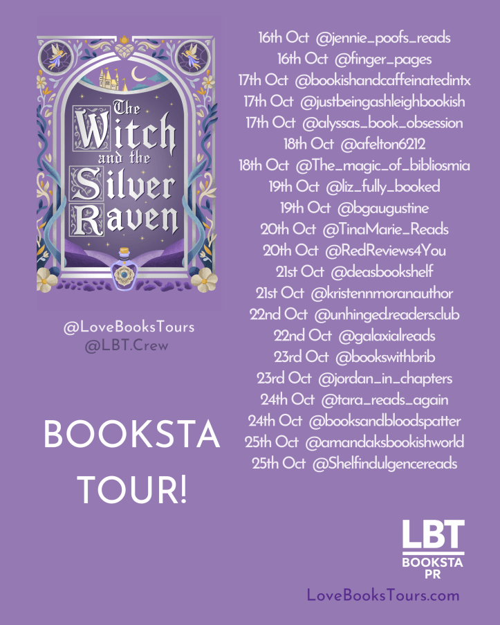 Promotional image for the 'Booksta Tour' featuring the book 'The Witch and the Silver Raven'. It lists dates and social media handles for various participating book influencers from October 16 to October 25.