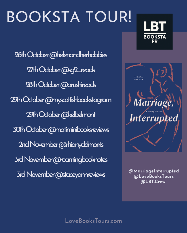 Graphic announcing a Booksta Tour for the book 'Marriage, Interrupted' with dates and participating Instagram handles listed.