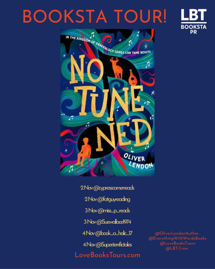 Promotional image for a book tour featuring the cover of 'No Tuned' by Oliver Lendon, with a colorful background and tour details listed below.