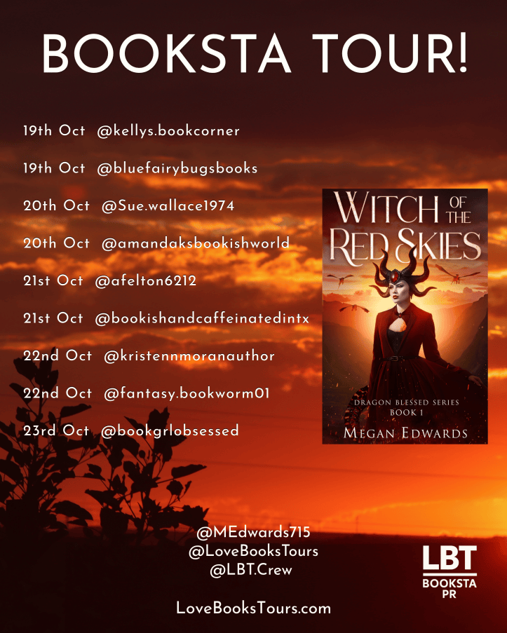Promotional graphic for the Booksta Tour featuring the book 'Witch of the Red Skies' by Megan Edwards. The image lists various Instagram handles and tour dates from October 19th to 23rd.