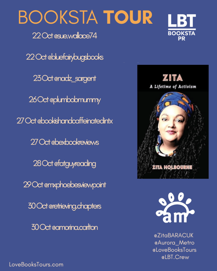 Booksta Tour schedule featuring dates and participating accounts for Zita Holbourne's book 'Zita: A Lifetime of Activism'.
